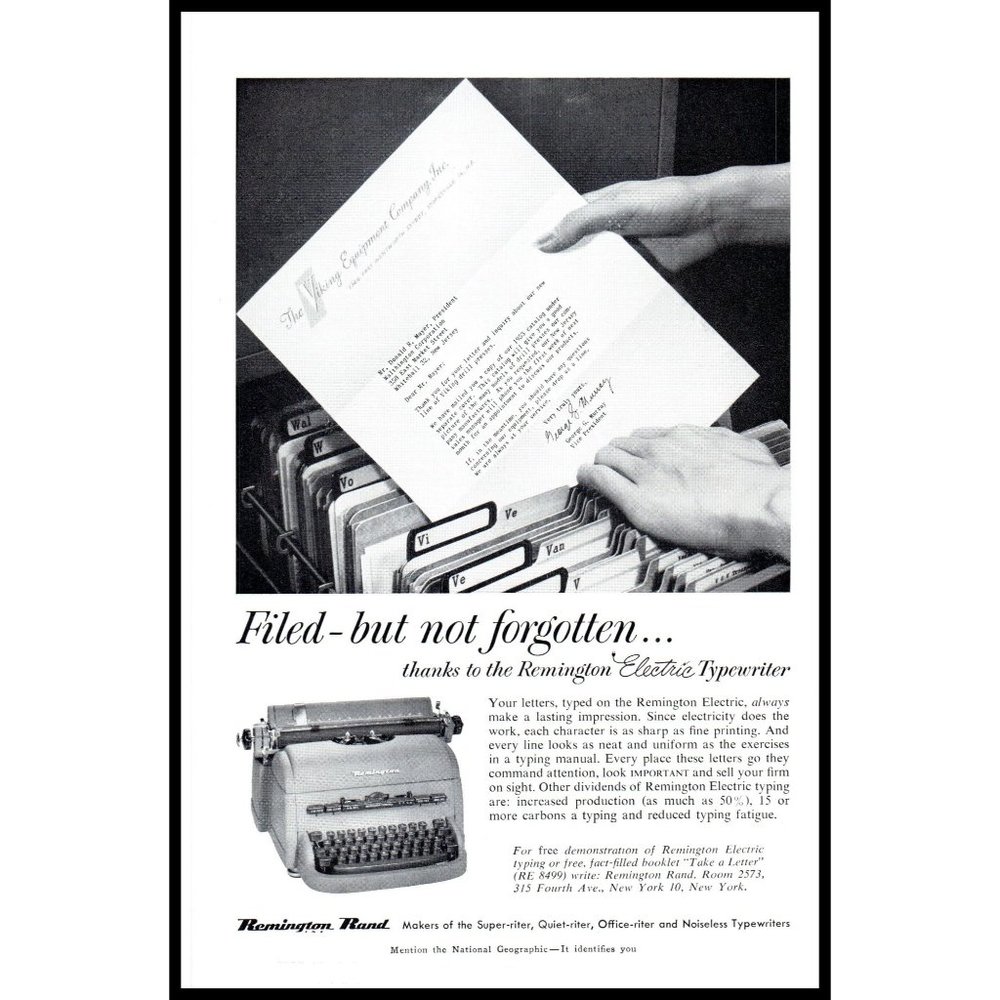 1953 Remington Rand Electric Typewriter Vintage Print Ad Secretary Wall Art